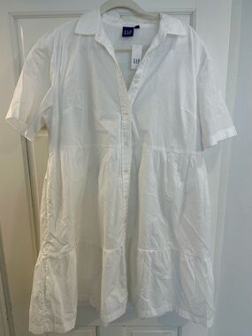 GAP White Button-Front Tiered Shirt Dress with Collar
